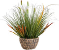 AlphaAcc 17.5 Inch Artificial Grass Plant with Pebbles Full Realistic Faux Plant Featuring Natural Curved Grass Leaves in Green and Red Brown Tones, Rustic Woven Pot Fake Plant for Home Office Decor