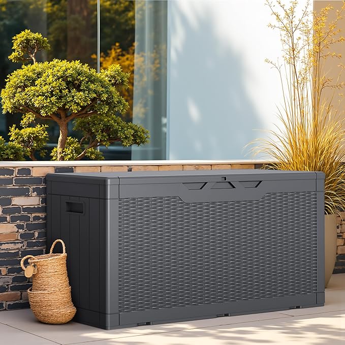 Greesum Outdoor Storage Box 100 Gallon Storage Bin with Lid for Patio Furniture, Garden Tools, Pool Supplies, Lockable, Waterproof and UV Resistant, Gray