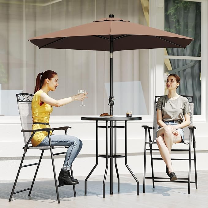 Outsunny 4 Piece Outdoor Patio Dining Furniture Set, 2 Folding Chairs, Adjustable Angle Umbrella, Wave Textured Tempered Glass Dinner Table, Beige