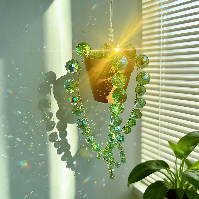 Bling Suncatcher String of Beads Plant Hanging, Handcrafted Crystal Succulent Sun Catchers for Window Hanging, Gardenn Crystal Sun Catcher Plant Lover Gift Mom Gifts (Green)