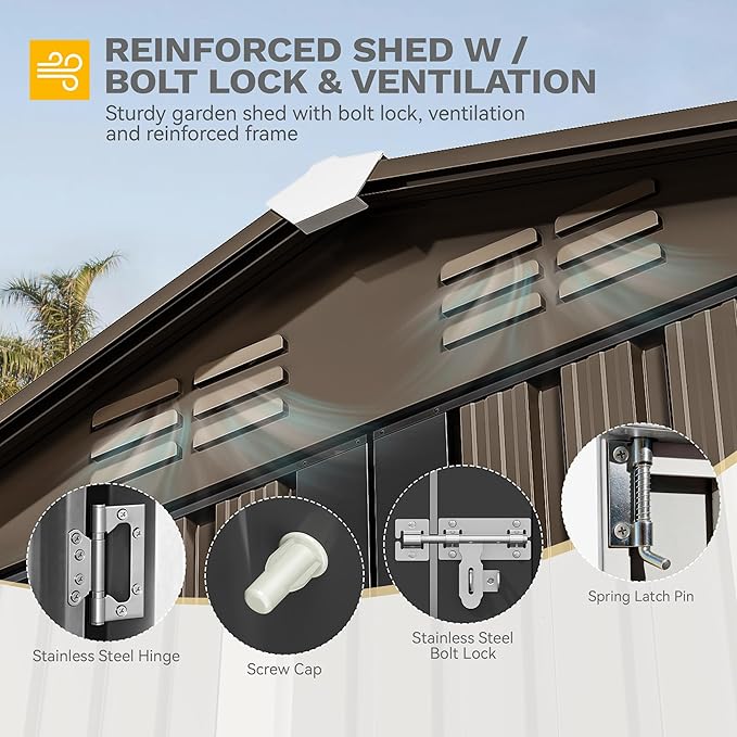 DWVO 6x4ft Outdoor Storage Shed, Lockable Metal Tool Storage Sheds, Waterproof Garden Sheds with Vents for Backyard, Patio, Garage, Lawn, Brown