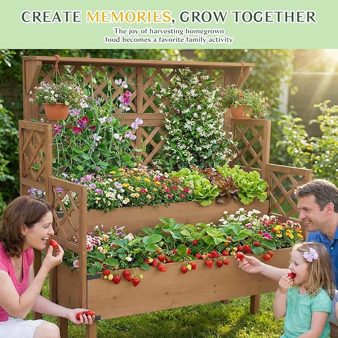 Raised Garden Bed with Trellis, 47''H Outdoor Flower Plant Stand with Two Planting Areas, Top Shelf, Liner, Elevated Garden Beds for Climbing Plants, Herb, Gift for Gardening, Brown