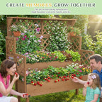 Raised Garden Bed with Trellis, 47''H Outdoor Flower Plant Stand with Two Planting Areas, Top Shelf, Liner, Elevated Garden Beds for Climbing Plants, Herb, Gift for Gardening, Brown