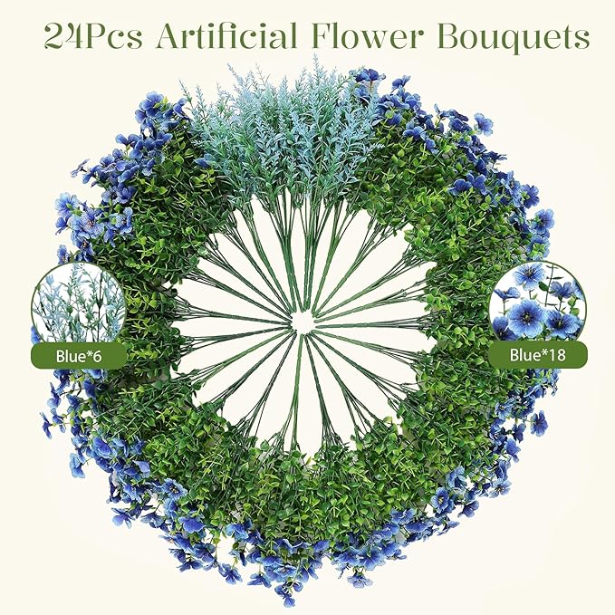SHareconn 24 Bundles Artificial Flowers for Outdoors Decoration, Faux Plants Fake Silk Colorful Daisy Eucalyptus Lavender, UV Resistant for Outside Home Porch Patio Indoor Spring Decor, Blue