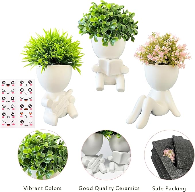 3 Packs Creative Small Fake Plants Artificial Succulents in Ceramic Human Shaped Pots Cute Office Plants For Desk Home Decor Funny Premium Ceramic Faux Succulent Perfect Humorous Gift Idea(3, White)