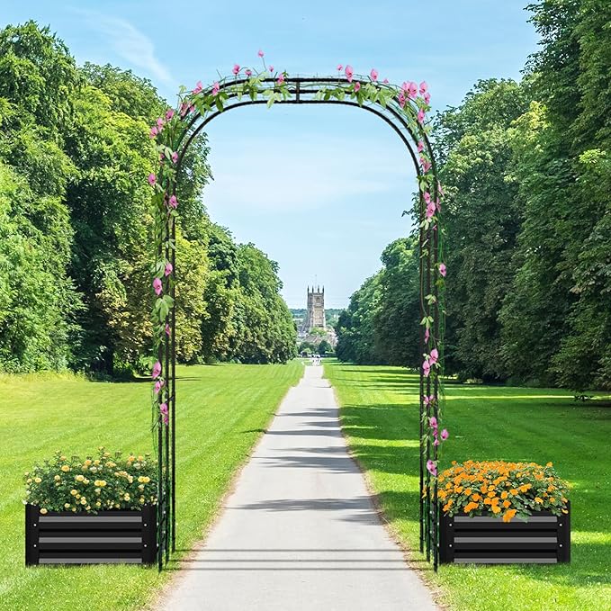 SUNYRISY Galvanized Raised Garden Bed with 87" H Arch Trellis for Climbing Plants Outdoor, Metal Planter Box with Netting for Gardening Flowers Vegetables Fruit, Black