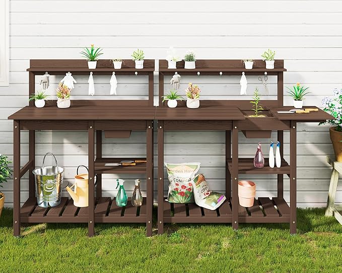 SERWALL Outdoor Potting Bench with Removeable Sink,Rot-Resistant HDPE Potting Table for Outside Gardening, All Weather Use - Coffee