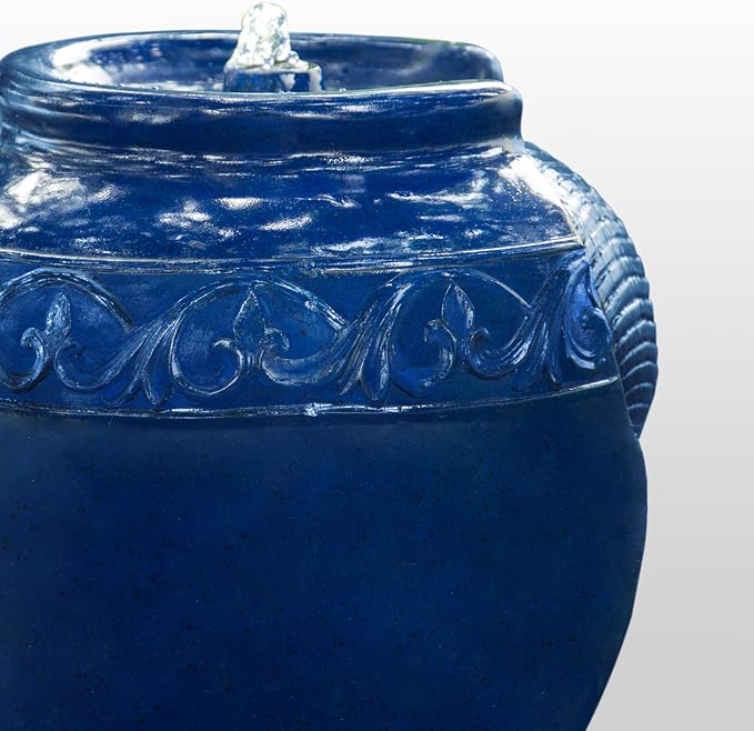 Teamson Home 16.96 in. Outdoor Glazed Pot Water Fountain with LED Lights, Built-in Pump to Create a Calming Oasis in Gardens, Landscaping, Patios, Balconies, Lawns, Royal Blue