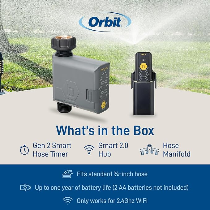Orbit 21207 B-hyve Gen 2 Smart Hose Watering Timer, 4-Pack with Wi-Fi Hub and Hose Y Splitter
