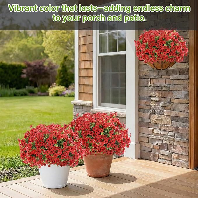 Artificial Flowers Fake Plants for Outdoors Spring Decoration, 13Bundles Silk Realistic UV Resistant Faux Flowers for Outside Planter Porch Yard Patio Garden Home Indoor, Red