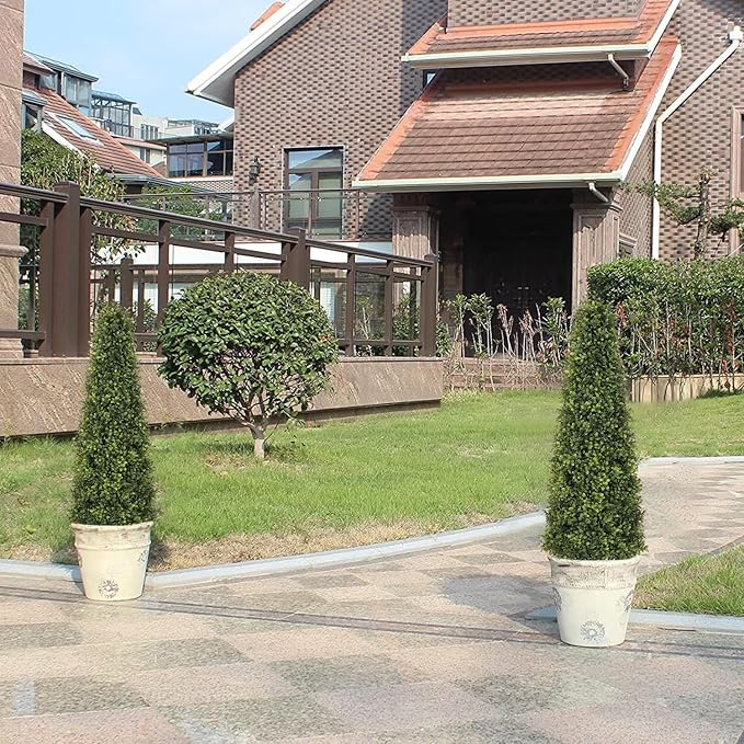 4ft Artificial Boxwood Topiary Trees (Set of 2) - UV Resistant Faux Plants Outdoor, Realistic 48in Fake Potted Bushes and Shrubs for Front Porch, Planter, Patio, Evergreen