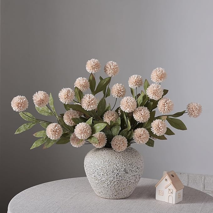 VIERENA 12 Pcs Faux Silk Pompon Mum Artificial Flowers for Vase -27", Bulk Fake Chrysanth Branches with Stems for DIY Bouquet Centerpieces Wedding Fillers Arrangements Shower Decorations (Beige)