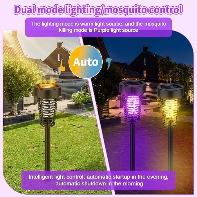 Qualirey 4 Pack Solar Bug Zapper Outdoor Waterproof Mosquito Repellent Killer Bug Zapper Lamp with LED Light for Outdoor Garden Patio Yard (Purple and Warm Light,Black)