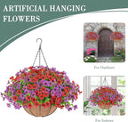 Artificial Flowers Hanging Plants in Basket,Artificial Hanging Flowers for Spring Outdoor Indoor Decor,UV Resistant hanging Baskets with Fake Flowers for Summer Patio Garden Porch Deck Home Decor