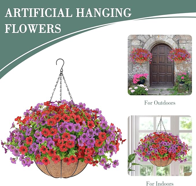 Artificial Flowers Hanging Plants in Basket,Artificial Hanging Flowers for Spring Outdoor Indoor Decor,UV Resistant hanging Baskets with Fake Flowers for Summer Patio Garden Porch Deck Home Decor