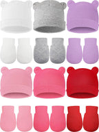 Geyoga 12 Pieces Newborn Hat Mittens Gloves Set Baby Boys Girls Cotton Baby Beanie for 0-12 Months