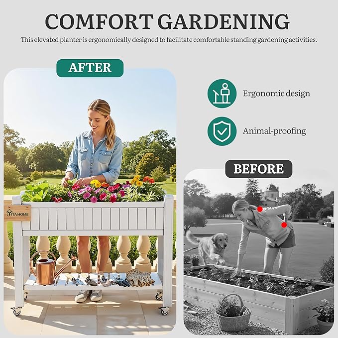 YITAHOME 42.5x17.3x35.4 in Raised Garden Bed, Outdoor Plastic Planter Box with Wheels, Legs, Drain Plug, and Storage Shelf for Plants, Vegetables, Flowers, Herbs, White