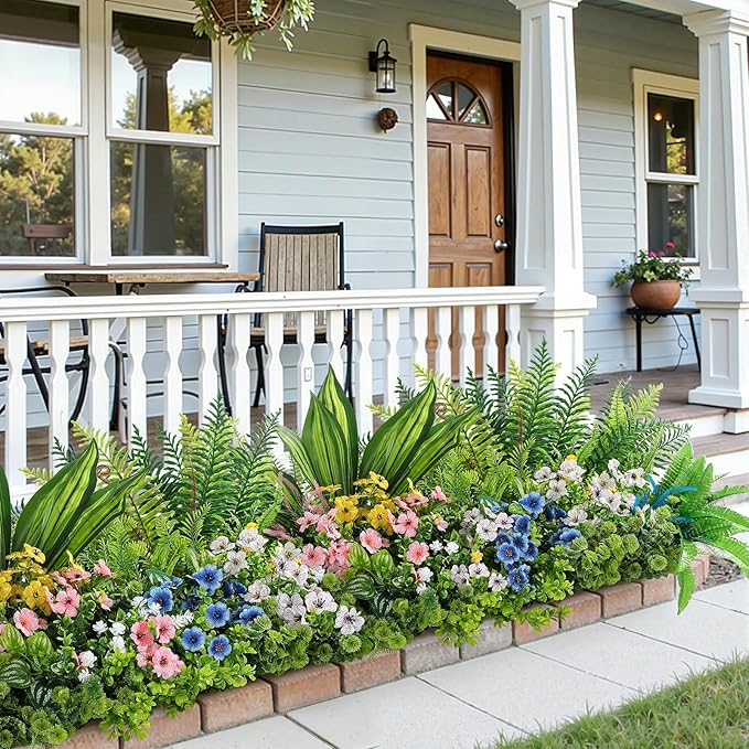 Alupssuc 48Pcs Artificial Flowers and Plants,UV Resistant & No Fade Fake Plastic Greenery Shrubs for Home Garden, Pathway, Front Porch-Spring Summer Decor, Indoor/Outdoor Use,Pink Blue Yellow White
