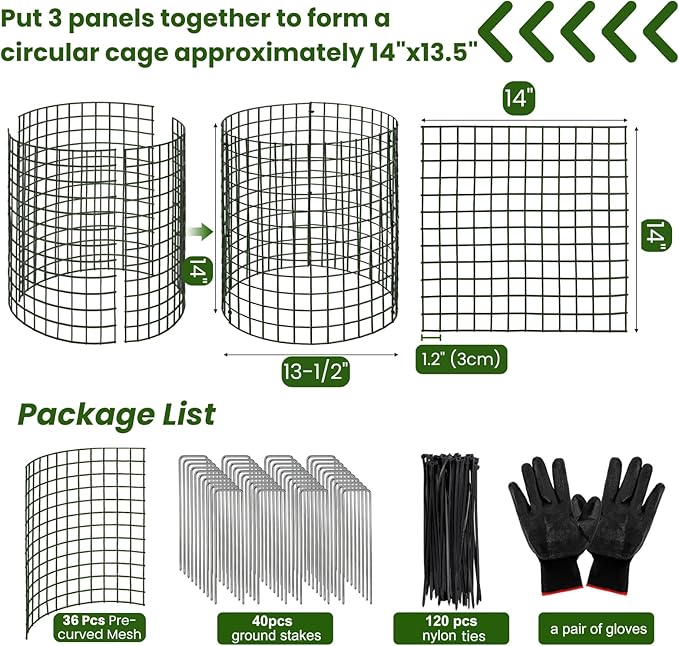 Hacaroa 12 Pack Wire Plant Protectors from Animals, 14"x13.5" Mesh Plant Protection Cage Chicken Wire Cloche, 36 Pcs Pre-Bent Panels, 40 Ground Stakes, 120 Nylon Ties, for Flowers, Shrubs, Dark Green