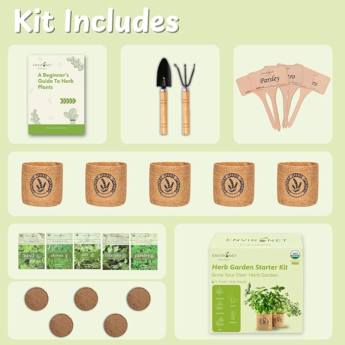 5 Herb Indoor Garden Kit- Unique Chrismas Herb Gardening Gift, Home Kitchen Gift for Mom, Friends, and Gardeners, Basil, Parsley, Chives, Cilantro, Dill