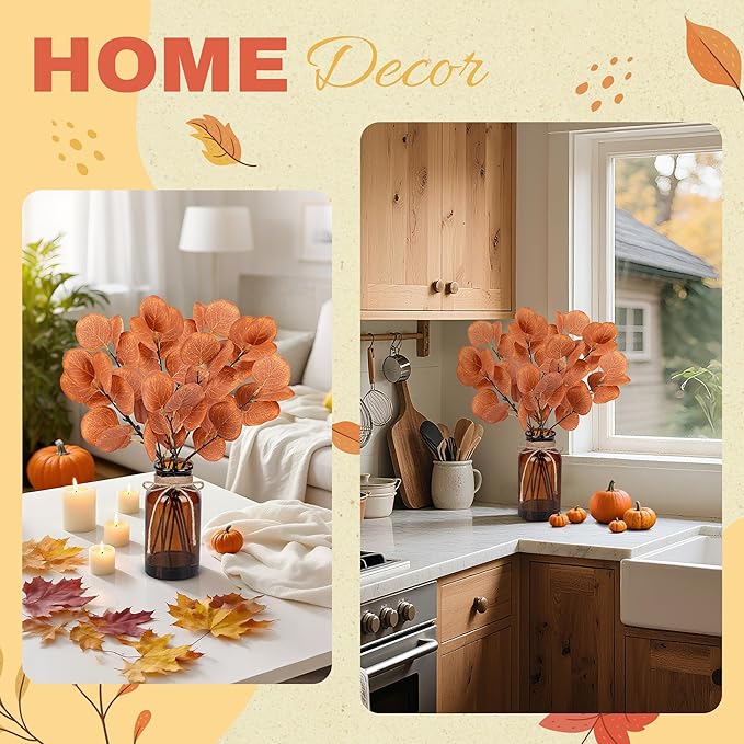 Der Rose 13.5" Fake Plants for Fall Bathroom Decor Autumn Artificial Eucalyptus Stems in Amber Glass Vase with Faux Water for Office Desk Accessories Home Table Fall Centerpiece Decor（Orange）