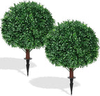 2Pack Artificial Boxwood Topiary Ball Trees, 16'' UV Resistant Fake Evergreen Shrubs Bushes Plants with Ground Spike, Fake Plants for Outdoor Indoor Front Porch Garden