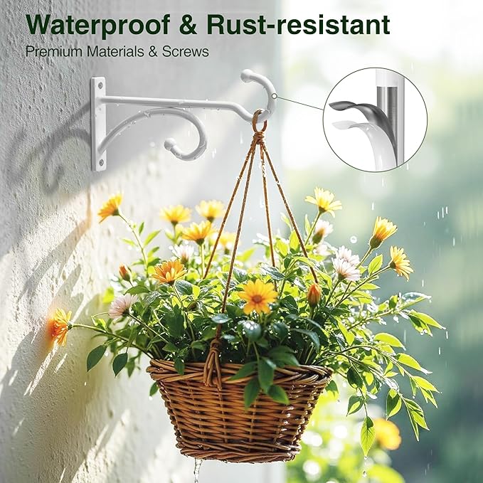 pickpiff 6-Inch Planter Hooks for Hanging Plants - Plant Hanger Hook Indoor Outdoor, Plant Wall Hooks, Brackets for Hanging Plants, Baskets, Wind Chime, Bird Feeder, Bird House (White, Metal, 2 Pack)