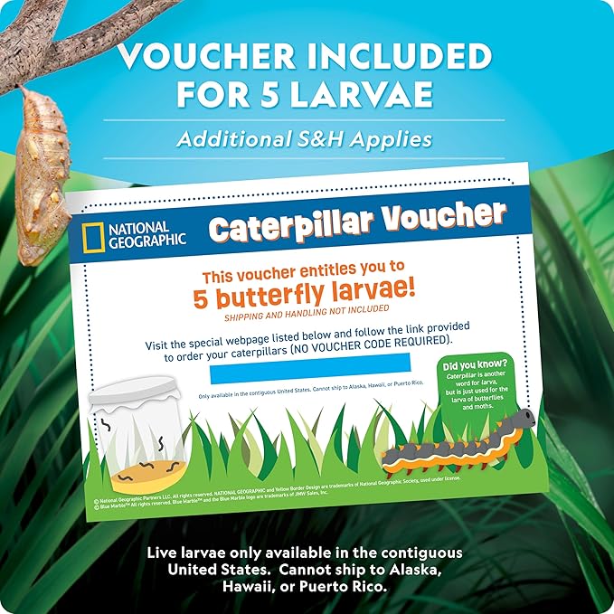 National Geographic Ultimate Butterfly Growing Kit – Butterfly Habitat Kit with Voucher to Redeem 5 Caterpillars (S&H Not Included), Glow-in-The-Dark Figures, Hands-On Activity, Outdoor Toys