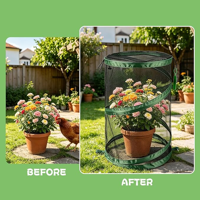 3PCS Pop Up Plant Covers from Animals, 20" H X 14" D Foldable Mesh Plant Tent Cover Protectors, Garden Insect Barrier Mini Greenhouse Plant Guard Cover Net with 12 Stakes & 6 Labels for Outdoor Plants