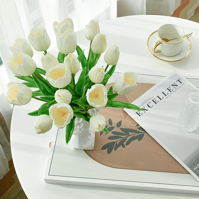 Mandy's White Artificial Tulips Flowers Centerpiece, 13.5" Lifelike PU Fake Floral Stems 12pcs for Kitchen Island & Dining Table, Spring Decor for Easter