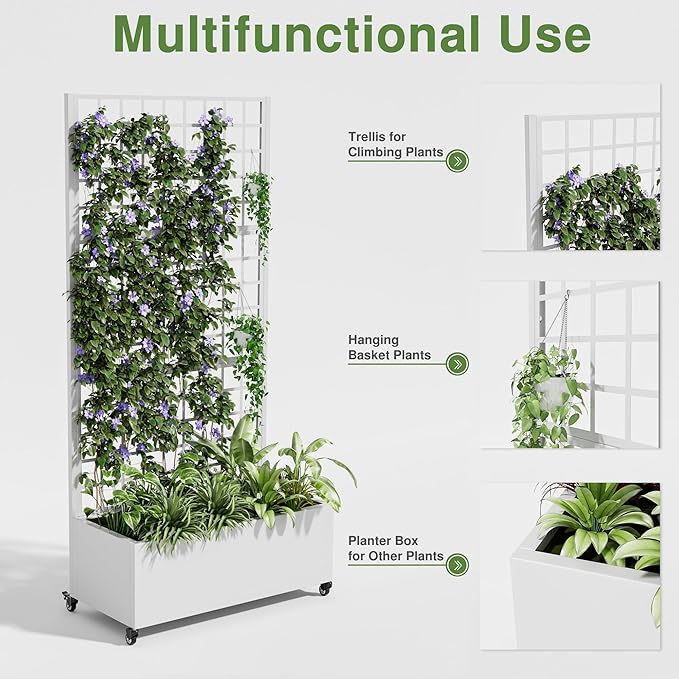 Casaphoria Metal Raised Garden Bed with Trellis and Wheels, 72"x35"x16" Planter Box for Climbing Plants, Vegetables & Vines, Features Drainage Holes and Privacy Screen (White-Grid)