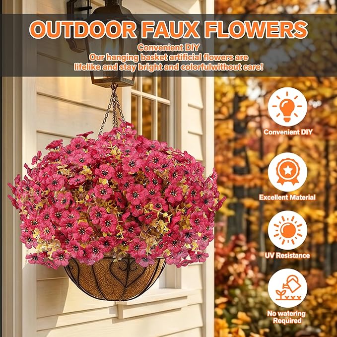 Artificial Flowers for Outdoor,Silk Flowers No Fade Fake Plastic Flowers Faux Plants for Outdoors Outside Front Porch Hanging Planter Window Box Garden Home Decoration,13 Pack Dark Red