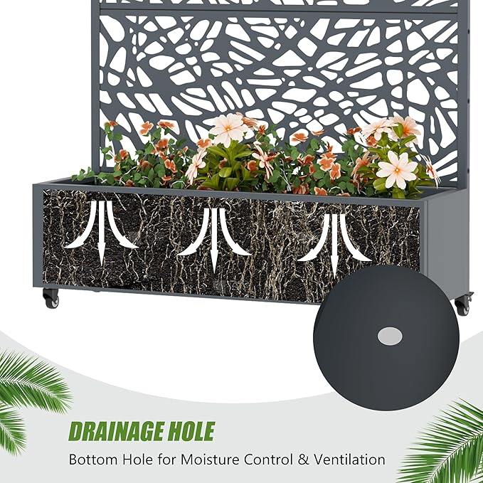 Casaphoria Metal Raised Garden Bed with Trellis and Wheels, 72"x47"x16" Planter Box for Climbing Plants, Vegetables & Vines, Features Drainage Holes and Privacy Screen, Drakgrey-Net