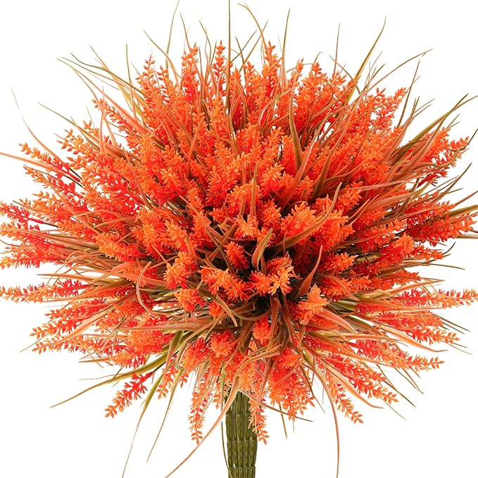 20 Bundles Artificial Plants Outdoor, UV Resistant Fake Flowers, Realistic Faux Lavender Shrubs for Porch Garden Window Box Home Decoration (Fall Orange)