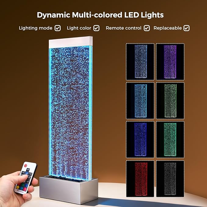 Jocoevol Bubble Wall Waterfall Fountain, Acrylic Indoor Floor Standing Water Wall with Changing LED Color Lights Remote Control, 63.4" x 19", Housewarming, Home Decor (Bubble Wall)