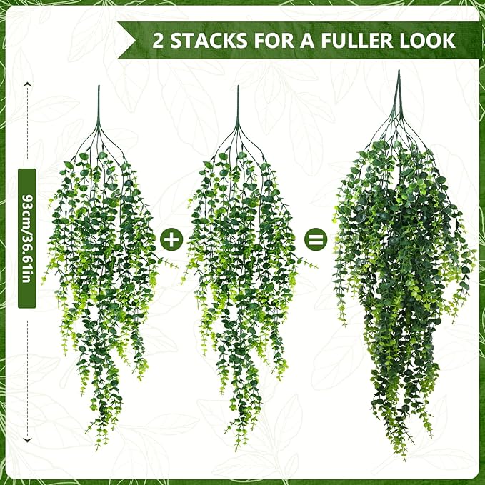 2-Pack Fake Hanging Plants, Faux Hanging Plant Artificial Greenery for Living Room Bedroom Boho Wall Shelf Indoor Outdoor Decor (Green Eucalyptus)