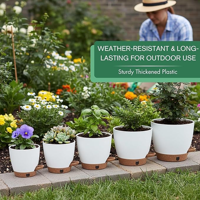montresor 5-Pack Self-Watering Planters with Wick & Reservoir (5/5.5/6/6.5/7 Inch) – Plastic Indoor Pots with Drainage, Modern White Flower Pot for Violet, Herb