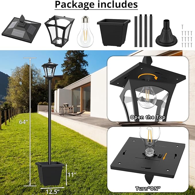ILANCK 64 Inch Solar Lamp Post Light with Planter, 60 High Lumens Street Light, Solar Post Lights Waterproof for Garden, Pathway, Lawn, Driveway, Front Back Door Outdoor Pole Lamp（Warm）