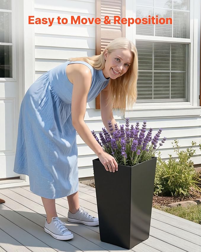VEVOR Set of 2 Tall Planters for Outdoor Plants 22 inch, Black Tall Planter for Indoor Plants, Modern Planters for Front Porch Patio Balcony, Plant Container Flower Pots