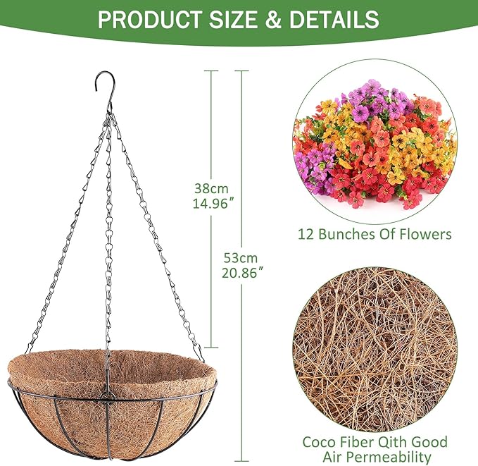 2 Set Artificial Flowers Hanging Plants in Basket,Artificial Hanging Flowers for Outdoor Indoor Decor,UV Resistant hanging Baskets with Fake Flowers for Spring Summer Patio Garden Porch Deck Decor