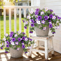 Ammyoo 4 Pcs Artificial Fake Petunia Flowers for Outdoor Decoration, Faux Silk Petunias Flower for Spring UV Resistant No Fade Realistic Plants for Garden Balcony Yard Porch Indoor Decor(Purple White)