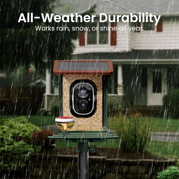 Smart Bird Feeder with Camera Solar Powered 2K HD Video, 10,000+ Species AI Recognition, Real-Time App Alerts, and Weatherproof Design for Effortless Birdwatching, Gift for Father's Day, Green Brown