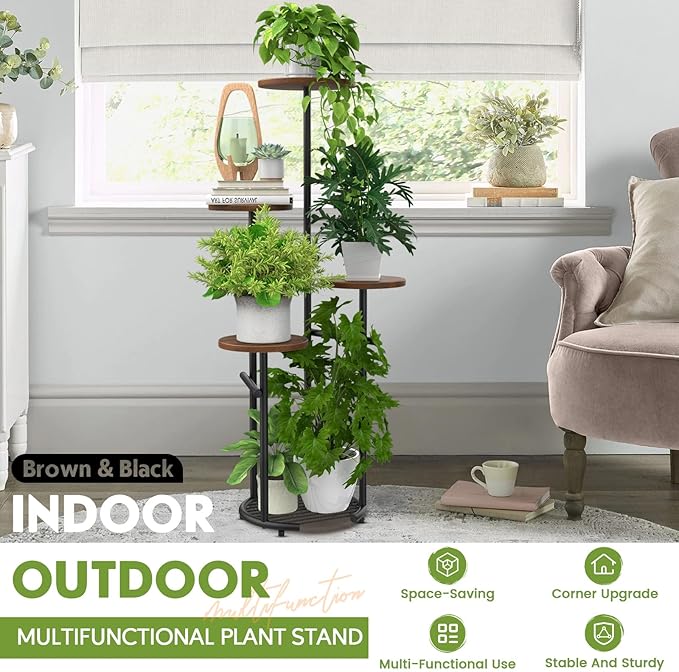 TOSKING 5 Tier Thickened Metal Plant Stand Indoor,Plant Shelf, Corner Shelf, Flower Pot Stand for Multiple Plants, Indoor Plants Tiered Stand for Living Room Balcony Garden Patio Bedroom (Black and Brown, 42in)
