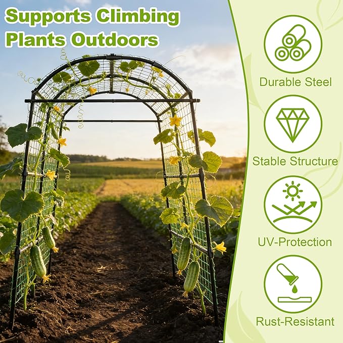 Miory Garden Arch Trellis for Climbing Plants Outdoor, Cucumber Trellis for Raised Bed, Steel with UV-Resistant PE Coated Plants Support Trellis (71 x 83 Inch)