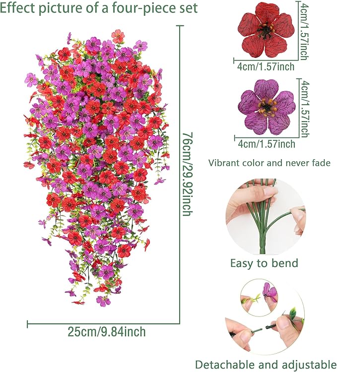 Comtelek Artificial Flowers for Outdoors Fake Hanging Plants with Lights, 4pcs Silk Flowers UV Resistant Realistic Hanging Planter Faux Flower for Outside Porch Patio Home Garden Yard Decor
