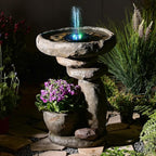 Solar Fountain for Bird Bath, Water Fountain Outdoor with Planter, Freestanding Rock Solar Waterfall with LED Lights for Garden, Patio, Yard