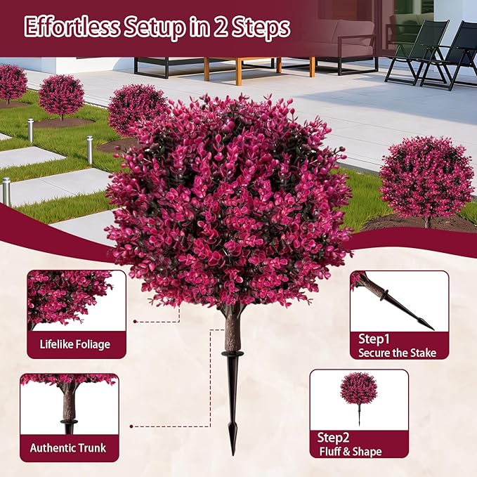 Artificial Pink Eucalyptus Topiary Ball Trees, Set of 2 UV Resistant Fake Evergreen Shrubs Bushes Plants with Ground Spike, 18" Fake Plants for Outdoor Indoor Front Porch Garden