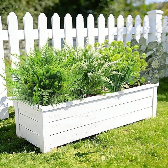 12 Bundles 4 Styles Artificial Plants Outdoor, UV Resistant No Fade Artificial Flowers Faux Plants Fern Lavender Eucalyptus Plastic Greenery Shrubs for Outside Porch Garden Home Spring Summer Decor