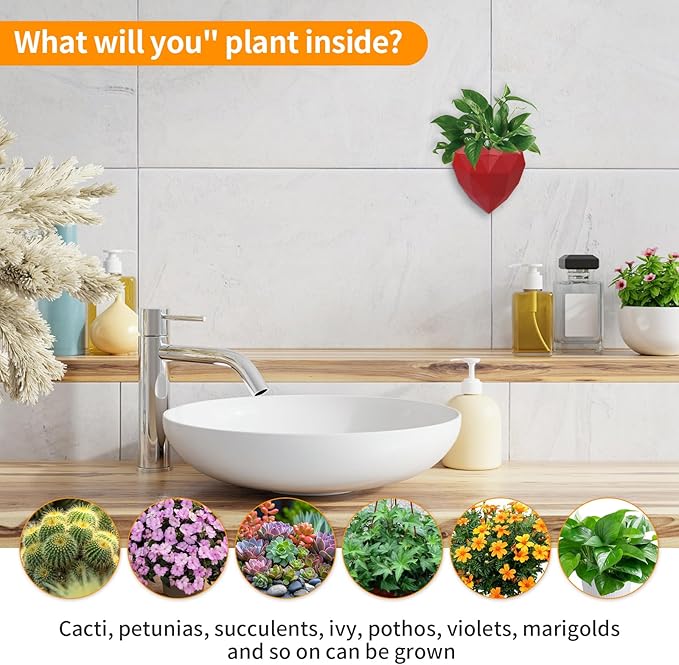 3.9In Red Heart Self-Watering Wall Planter, PLA 3D Printed No Drill Adhesive Planter with 200ml Capacity, Indoor Succulent Planter for Home Office Decor