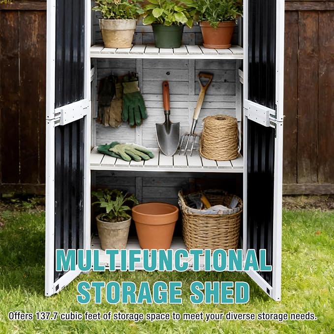 5FT Outdoor Storage Shed with 3-Level Adjustable Shelves – Durable, Weather-Resistant & Secure Storage Solution for Patio, Garden & Garage (White)